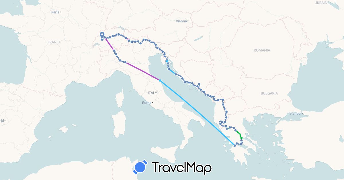 TravelMap itinerary: bus, cycling, train, hiking, boat in Albania, Bosnia and Herzegovina, Switzerland, Greece, Croatia, Italy, Montenegro, Macedonia, Slovenia (Europe)